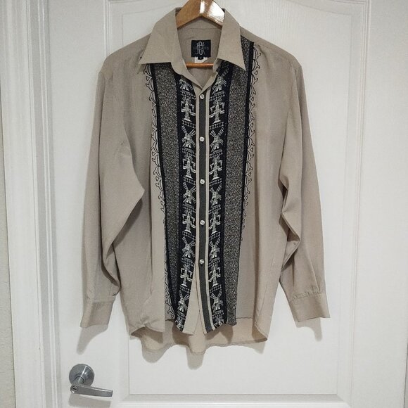 VTG Husky Club Long Slv Button Down Shirt Embroidered Black & Tan M Made in USA - Picture 1 of 6